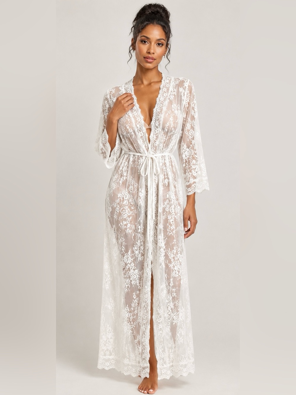 FLAWED - Sheer White Lace Long Robe/ Kimono with Tie Belt - OS